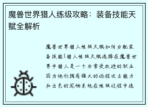 魔兽世界猎人练级攻略：装备技能天赋全解析