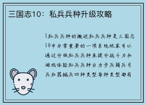 三国志10：私兵兵种升级攻略