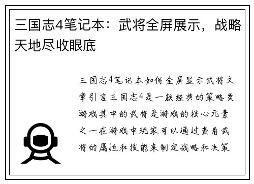 三国志4笔记本：武将全屏展示，战略天地尽收眼底