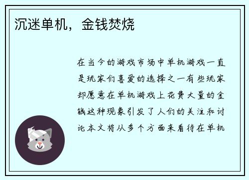 沉迷单机，金钱焚烧
