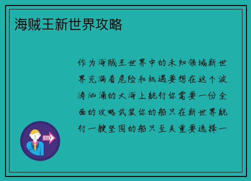海贼王新世界攻略